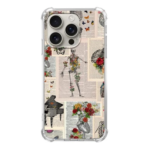 Rambulgkt Anatomy Aesthetic Newspaper Case Compatible with iPhone 16 Pro Max, Floral Skull Phone Case for iPhone 16 Pro Max, Cool Cute TPU Bumper Phone Case Cover