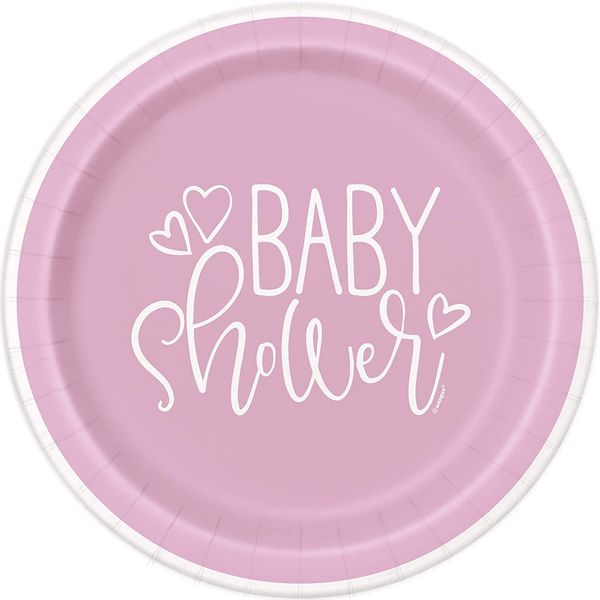 Pappteller - 18 cm - Babydusche mit rosa Herzen - Packung mit 8 Stück