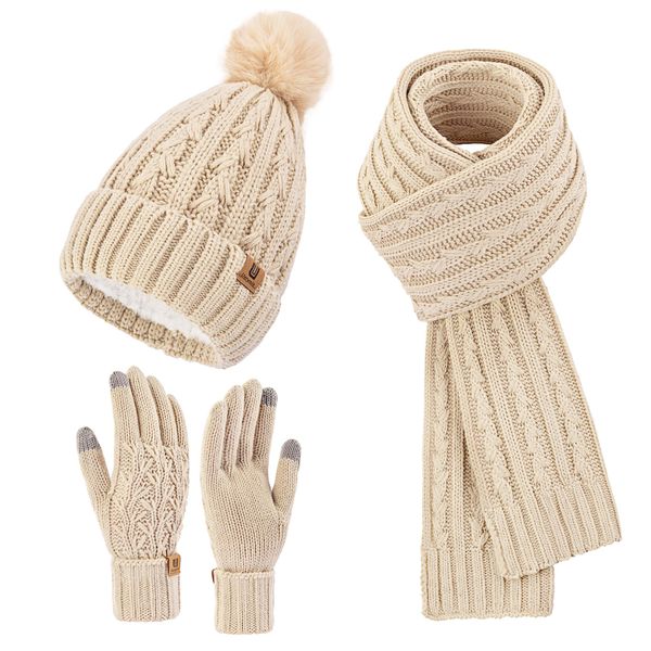 Uerymit Womens Winter Hat Scarf and Glove 3 Set Pom Pom Beanie Long Scarf Touchscreen Gloves Fleece Lined Skull Pom Caps Gifts for Women Men Oatmeal