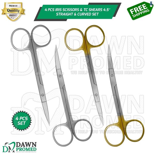 4 Pcs Iris Scissors TC Shears 4.5” Straight & Curved Surgical Dental Instruments