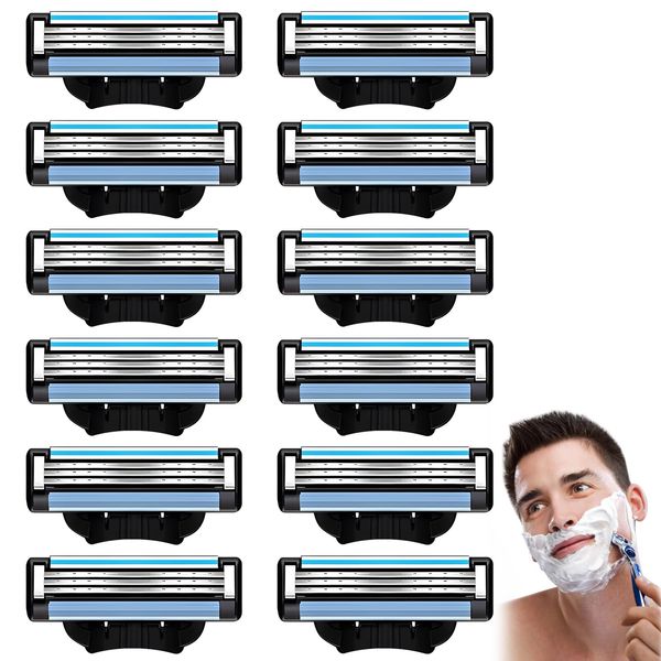 Razor Blades, 12 Pcs Manual Razor Blades Refills, 3 Layered Razor Blade Compatible with Gillette Mach 3, Men Shaver Blade, Razor Blades for Men Father Boyfriend Home Office Travel Use