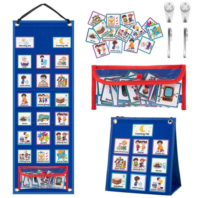 KIKIGOAL Kinder visuelle Planung Kalender Diagramm, 2 in 1 Autismus täglichen Routine Diagramm mit 70 Karten Autismus Lernmaterialien für Kinder