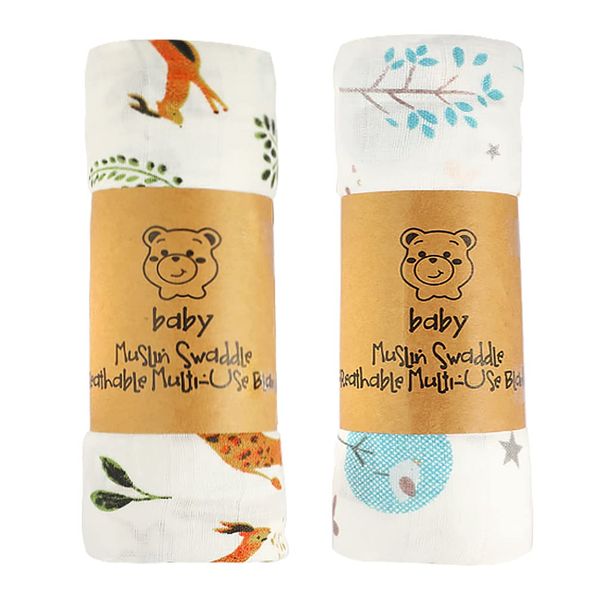 ALBOYI 2 Pack Baby Muslin Washcloths, Soft and Absorbent Baby Bath Towel 120cm x 110cm, Organic Cotton Animal Cartoon Reusable Newborn Towel, Squares Muslin Washcloth Blanket for Newborn Baby Shower