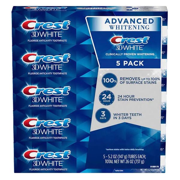 Crest 3D White Advanced Whitening Toothpaste, 5.2 oz (Pack of 5)