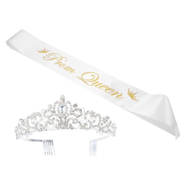 Prom Queen Satin Sash Graduation Wedding Crown with Comb Set Bridal Tiaras Party Accessories Headband Jewelry Headdress for Women Girls