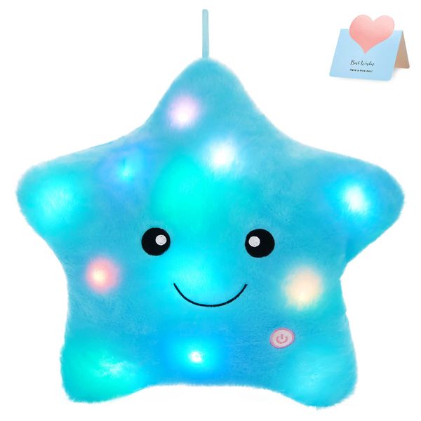 WEWILL 13'' Creative Twinkle Star Light up Night LED Plush Pillows Stuffed Animal Toys Birthday Valentines for Toddlers Girls(Blue)