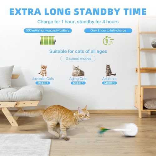 Cat Toys, Turbo Tail Popper Cat Toy 2-Speed Interactive Turbo Tail Mouse Cat Ball Toy Touch Control and Sound Control Smart Start Cat Toy With LED Lights Feathers and USB Type-C Charging Cable