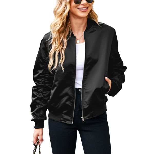 ACEVOG Womens Bomber Jacket Short Biker Jackets Varsity Coat Windbresker, Black, Large