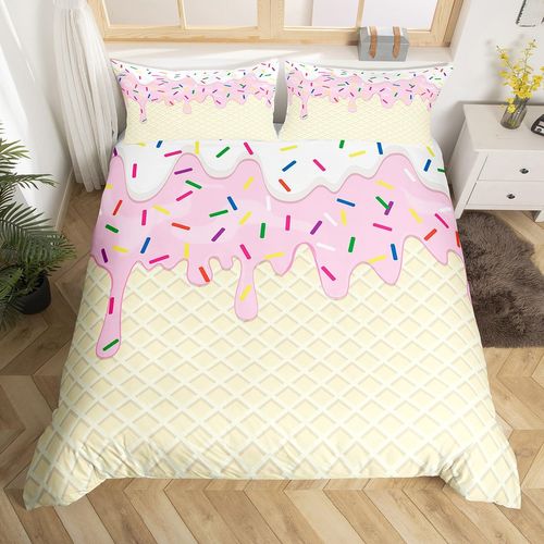 Women Ice Cream Duvet Cover Set Twin Size,2 Pcs Breathable Pink White Cream Cake Bedding Sets(1 Duvet Cover+1 Pillowcase),Colorful Candy Printed Comforter Cover Set for Girls Kids(No Comforter)