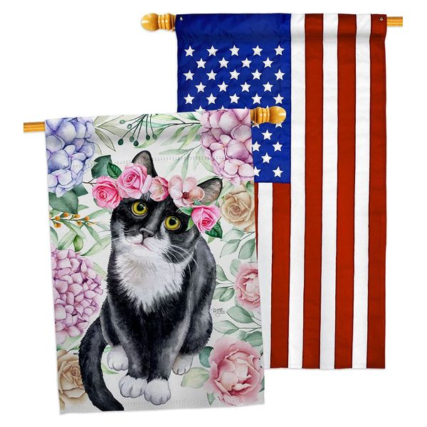 Breeze Decor Floral Tuxedo Cat House Flag Pack Kitten Meow Spoiled Paw Fur Pet Nature Farm Animal Creature Applique Decoration Banner Small Garden Yard Gift Double-Sided, Made in USA