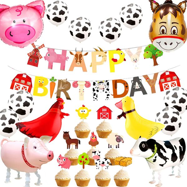 JeVenis Farm Animals Birthday Decoration Farm Animals Birthday Banner Farm Animals Party Supplies Cow Balloons for Animal Birthday