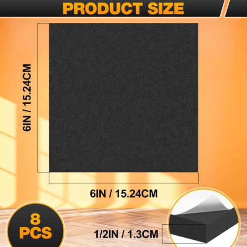 MYFAMIREA 8 PCS Adhesive Foam Padding Sheets Closed Cell Self Adhesive Sticky Foam Pads, 1/2" Thick 6'' x 6'' Neoprene Rubber Sheets Non-Slip Insulation Pads Vibration for Furniture Crafts Cars, Black