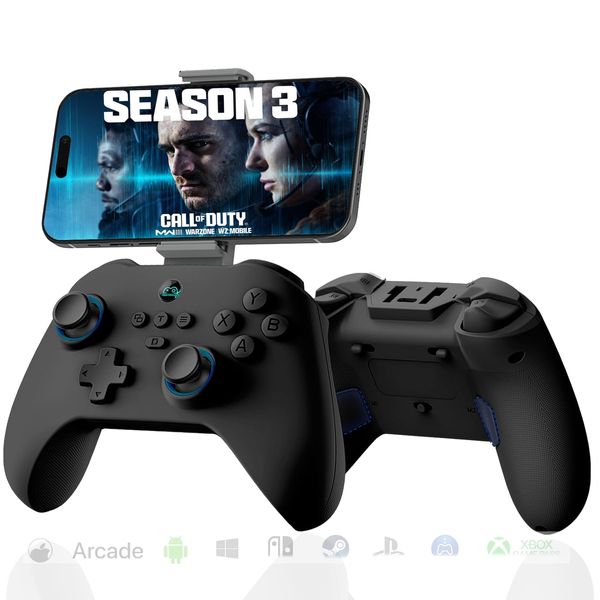 Megadream Wireless Gaming Controller for iPhone 15/14, iPad, Tablet, Android/PC/Switch/PS3/PS4, Streaming on PS4/Xbox/PC, Hall Effect/Hall Trigger, 6-Axis Gyro Sensor, Gamepad with Phone Holder-Black