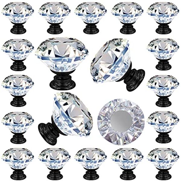 GoodtoU Crystal Drawer Cabinet Knobs Diamond Shaped Crystal Glass Knobs Pulls 30mm for Dresser Kitchen Wardrobe Cupboard (25 Pack, Black)