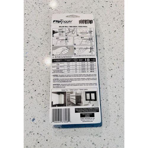 Hollow-Wall Anchors, 3/16 X 2 1/2 in, 106 lbs Capacity, Cobra 420S (2 Pack) New