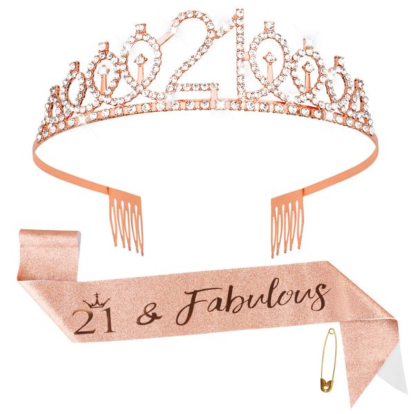 Fowecelt 21st Birthday Sash Tiara - Rose Gold Birthday Queen Tiara and Sash for Women, Rhinestone Crowns Kit for 21st Birthday Gifts, Crystal Tiara Satin Sash for 21st Birthday Party