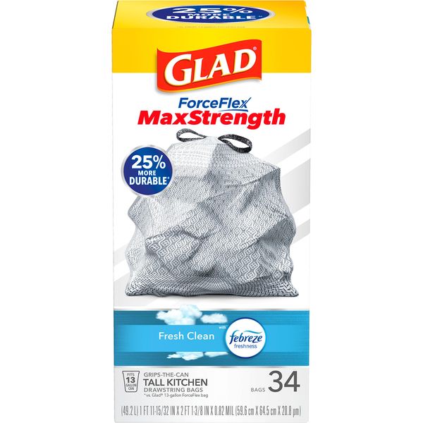 Glad ForceFlex MaxStrength Tall Kitchen Drawstring Trash Bags, 13 Gallon, Fresh Clean Scent with Febreze Freshness, 34 Count