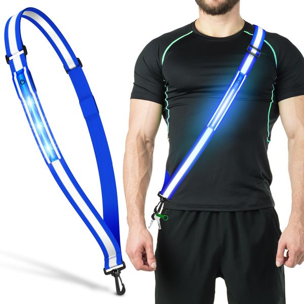 Ylzzrs LED Reflective Belt Sash Walking Gear,Safety Lights for Walkers at Night,High Visibility Safety Rechargeable Reflective Running Gear for Men Women Kids Night Dog Walking Gear (Blue)