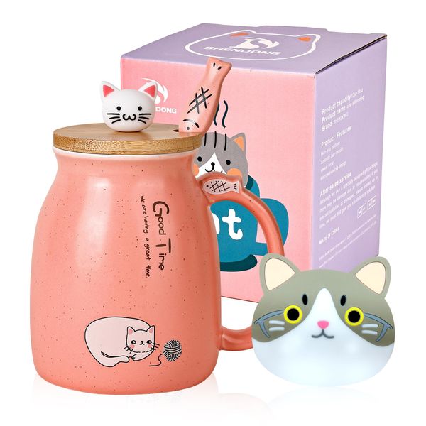 SHENDONG Cat Mug Cute Ceramic Coffee Cup with Kawaii Cat Wooden Lid and Lovely Stainless Steel Spoon Novelty Morning Cup Coffee Milk Tea Mugs - 3D Animal Cat Mugs for Cat Lovers Women Gifts(Pink)