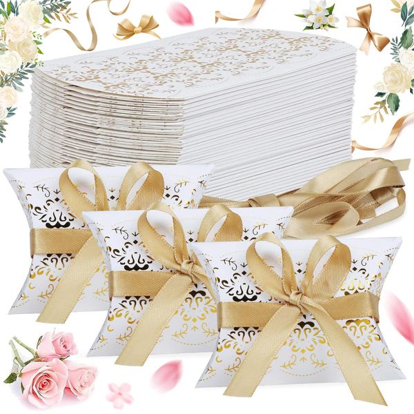 HoufuJC 50 Pcs Pillow Wedding Favour Boxes, Pillow Paper Candy Boxes, Creative Paper Treat Boxes, Kit with gold ribbons, for Wedding Favors Baby Shower Birthday Party Supplies(White, Gold)