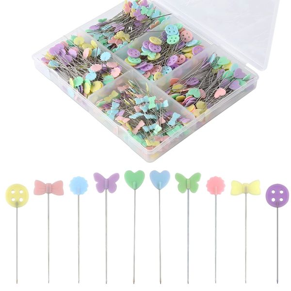 KINBOM 440PCS Sewing Pins, Sewing Pins with Colored Heads Flat Head Straight Pins Heart Butterfly Button Shape for Sewing Fabric Patch