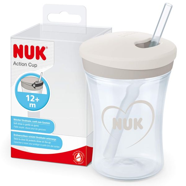 NUK Action Cup Toddler Cup | 12+ Months | Twist Close Soft Drinking Straw | Leak-Proof | BPA-Free | 230ml | Grey & White | 1 Count