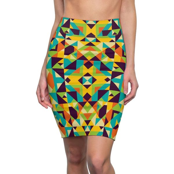 Womens Skirt, Yellow Multicolor Geometric Style Skirt - S / 4 oz.