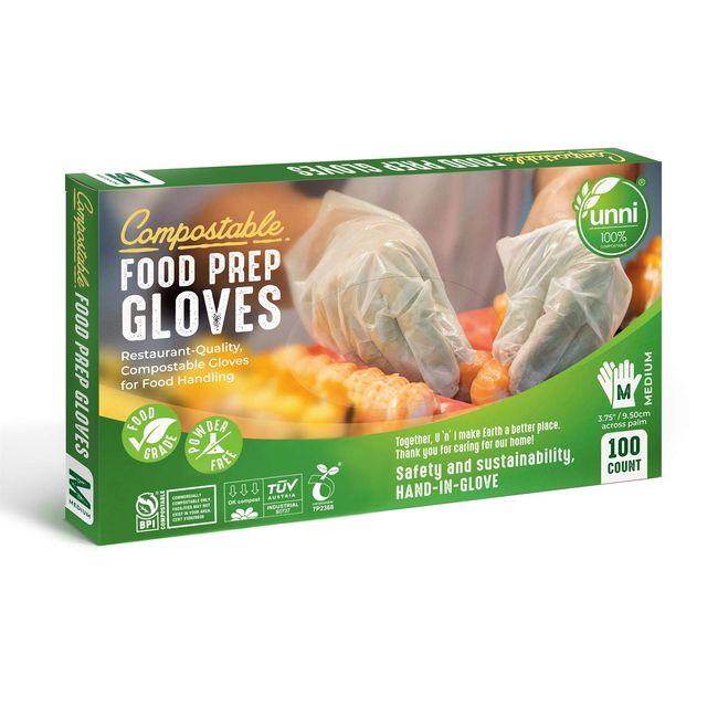 UNNI Compostable Food Prep Gloves, Restaurant-Quality, For Food Handling, Powder-Free, 100 Count, Medium, Earth Friendly Highest ASTM D6400, US BPI, CMA & Europe OK Compost Certified, San Francisco