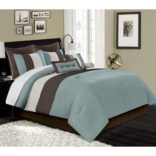 Chezmoi Collection 8-Piece Luxury Striped Comforter Set (Blue/Brown/Beige, California King)