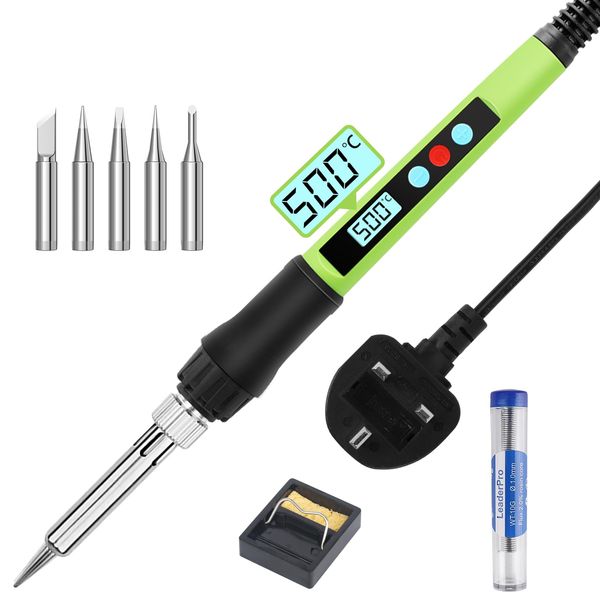 LeaderPro 100W LED Soldering Iron Kit, Adjustable & Lockable Temp 180-500°C, ON/Off Switch, with 10g Soldering Wire, 5 Soldering Iron Tips, Soldering Iron Stand, Soldering Set for Welding/Repair/DIY