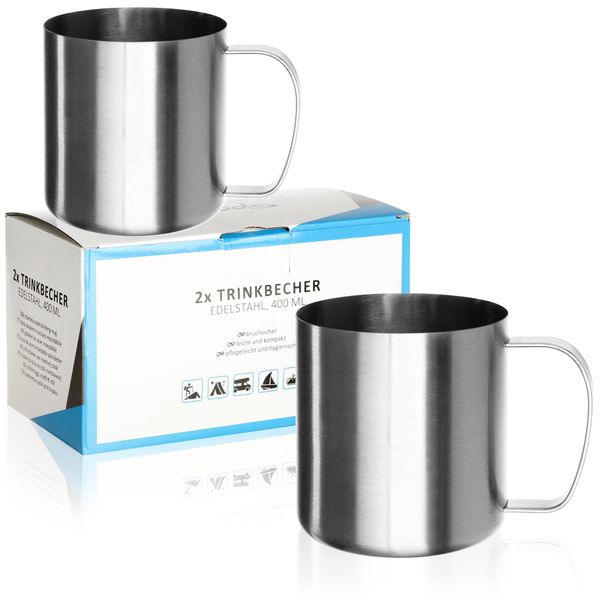 Robin Goods® 2x stainless steel drinking cups silver - cups - camping cups - shatterproof and BPA-free (2 pieces - silver color)