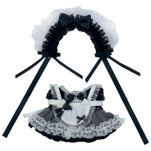 niannyyhouse Headdress Dress Apron 10cm 15cm 20cm Plush Doll Lace Maid Outfit Dress Up Accessories (Black-20cm)