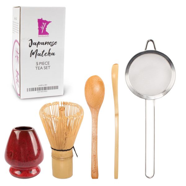 BambooMN Brand - Matcha Green Tea Whisk Set - Deep Red with Black - 5-Piece Set - Bamboo Tea Accessories