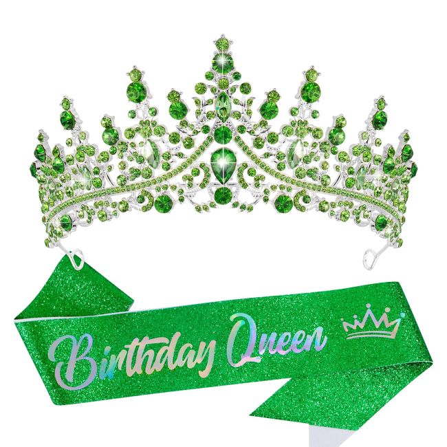 VELSCRUN Birthday Queen Tiara Crowns for Women Girls Green Crystal Birthday Queen Headband Sash Elegant Princess Crown Happy Birthday Party Decorations Mom Sisters Birthday Gift Hair Accessories