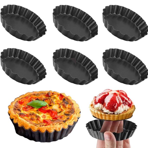 ESTVLB Tart Mold with Bottom Removable, 3.9 inches (10 cm), Carbon Steel, Non-stick, Reusable Baking Mold, Removable, Lined Mold, For Sweets, Round DIY Pastry Supplies, Heat Resistant, Oil Resistant, Home Use, Baking Tools, Set of 6 (Black)