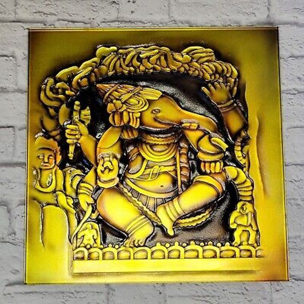 Vintage 3D Textured Lord Ganesha Wall Art Embossed Glass Panel 19x19in Home Deco