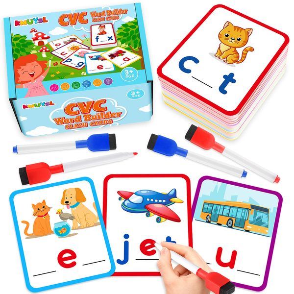 KMUYSL Short Vowel Spelling Flashcards, CVC Sight Words Handwriting Cards, Learn to Write Phonics Flash Cards, Fine Motor Montessori Educational Toy Gift for Kids 3 4 5 Years Old, 104 Pieces