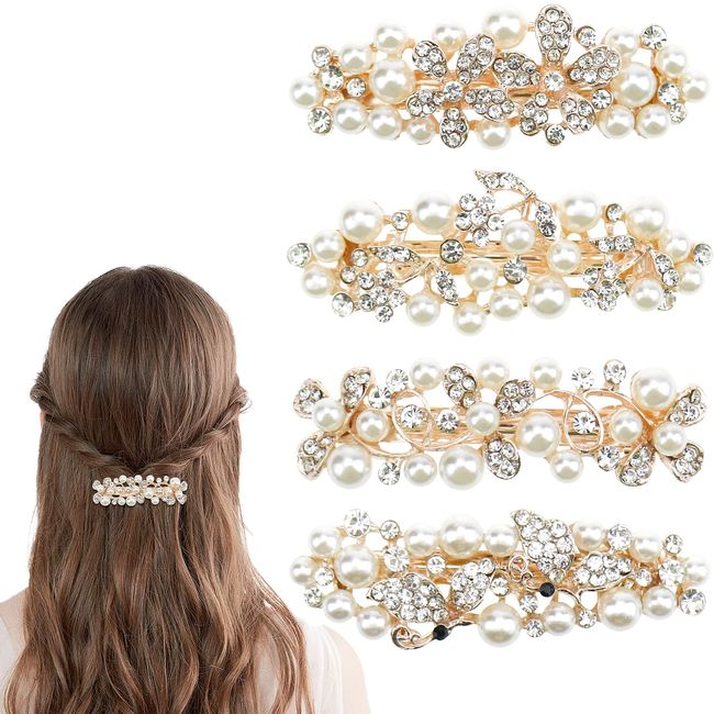 4 Stück Perlen Strass Haarspangen Elegant Französische Haarspangen Frühling Haarspangen Schmetterling Klee Kirsche Blume Metall Haar Styling Zubehör für Frauen