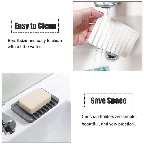 Self Draining Soap Dishes, 3 Pcs Silicone Soap Saver, Waterfall Drainer Soap Holder for Bathroom, Extend Soap Life, Keep Soap Bars Dry Clean & Easy Cleaning (Gray)