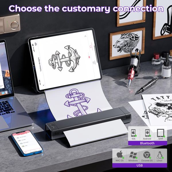 PhoFuta M08F Tattoo Stencil Printer, Stencil Printer for Tattooing with 10pcs Tattoo Stencil Paper, Wireless Tattoo Machine for Tattoo Artists & Beginners, Compatible with Phone, iPad & PC