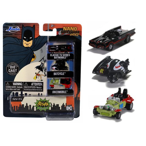 Jada Toys Nano Hollywood Rides Batman 1966 Classic TV Series 3 PK, Black,olive