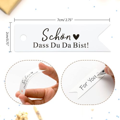 jijAcraft Pack of 100 Gift Tags, "Schön, dass du da bist" Kraft Paper Wedding Tags - 7 x 2 cm with Jute String Hanging Tag Tags - for Wedding Decoration DIY