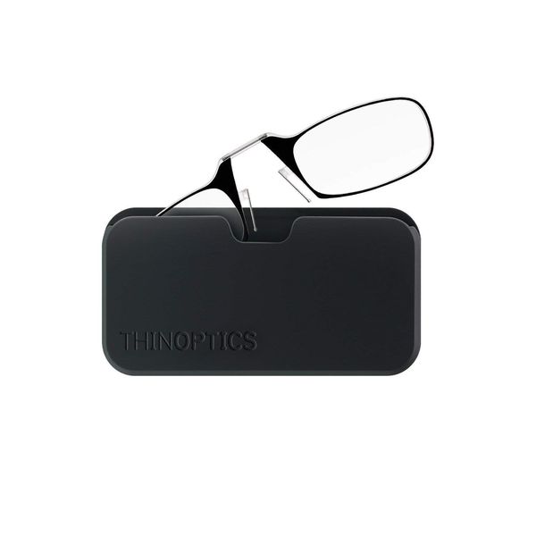 ThinOptics Reading Glasses 2.00 Black Frames With Universal Pod Compact Case - Ultra-light Foldable Rectangular Glasses - Clip-on Nose - 2.00 Strength With Flex-Fit Technology