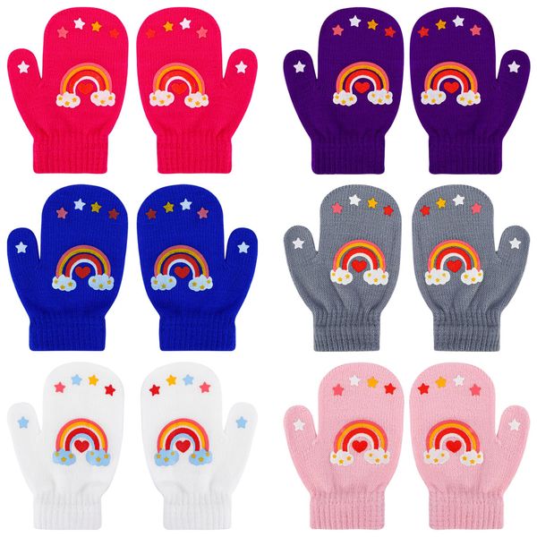 QKURT Toddler Mittens, 6 Pairs of Children's Magic Gloves Winter Warm Gloves with Rainbow Pattern Stretch Mittens fit for 1-3 Years Kids Baby Girls