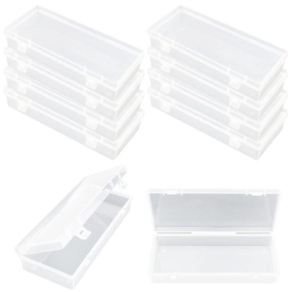 LJY 10 Pieces Rectangular Empty Mini Clear Plastic Organizer Storage Box Containers with Hinged Lids (155 x 65 x 30 mm, Transparent)