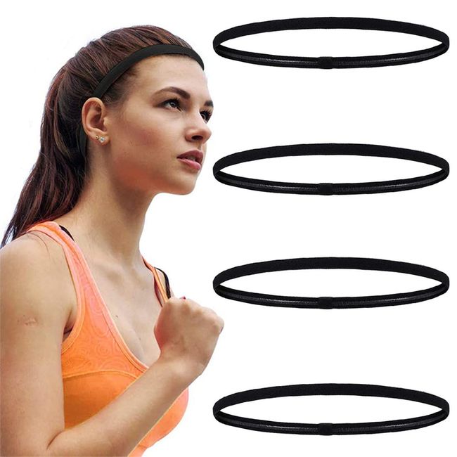 Androxeda 4 Stück Unisex Nicht Rutschend Haarband Elastische Sport-Stirnbänder Sport Thin Stirnbänder für Damen und Herren (Schwarz)