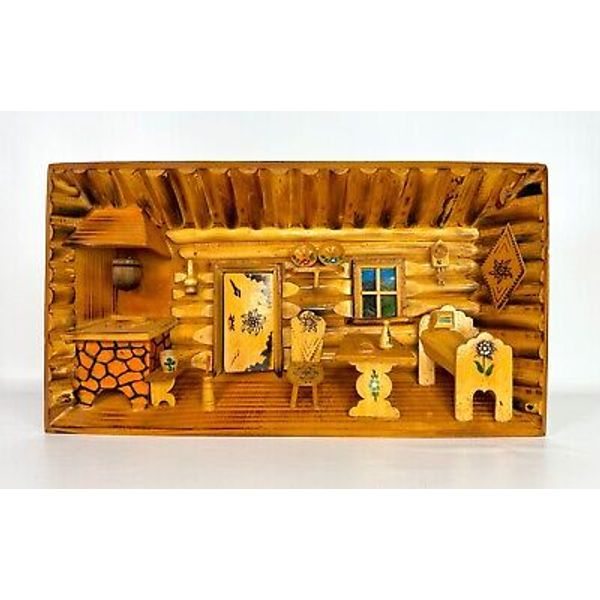 Vintage MCM Folk Art Wood Log Cabin 3D Diorama Wall Art