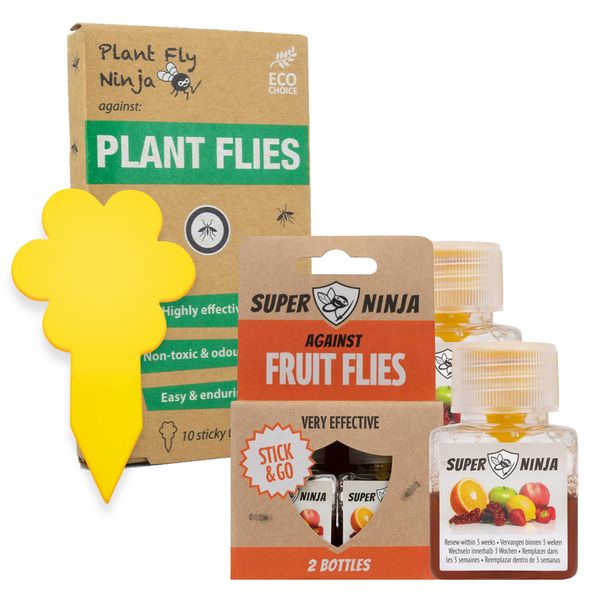 Super Ninja Fungus Gnat Killer and Fruit Fly Trap - 10 Yellow Fungus Gnat Sticky Traps and 2 Bottles Fruit Fly Trap - Highly Effective Fungus Gnat Killer for Indoor Plants and Fruit Fly Killer