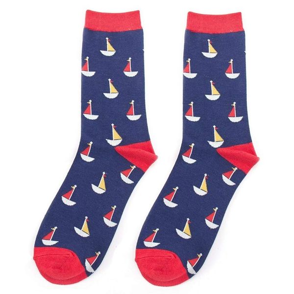 LilyRosa Mens Sailing Boat Socks 6-11 Sail Boats Blue Mustard 1 Pair (Blue)