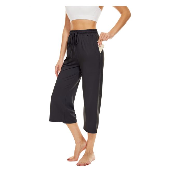 BATHRINS Damen Freizeithose 3/4 Hose Jogginghose Sommer Loose Bequeme Weitem Bein Sweathose Hausehose Sporthose mit Taschen und Verstellbarem Kordelzug(Schwarz,M)